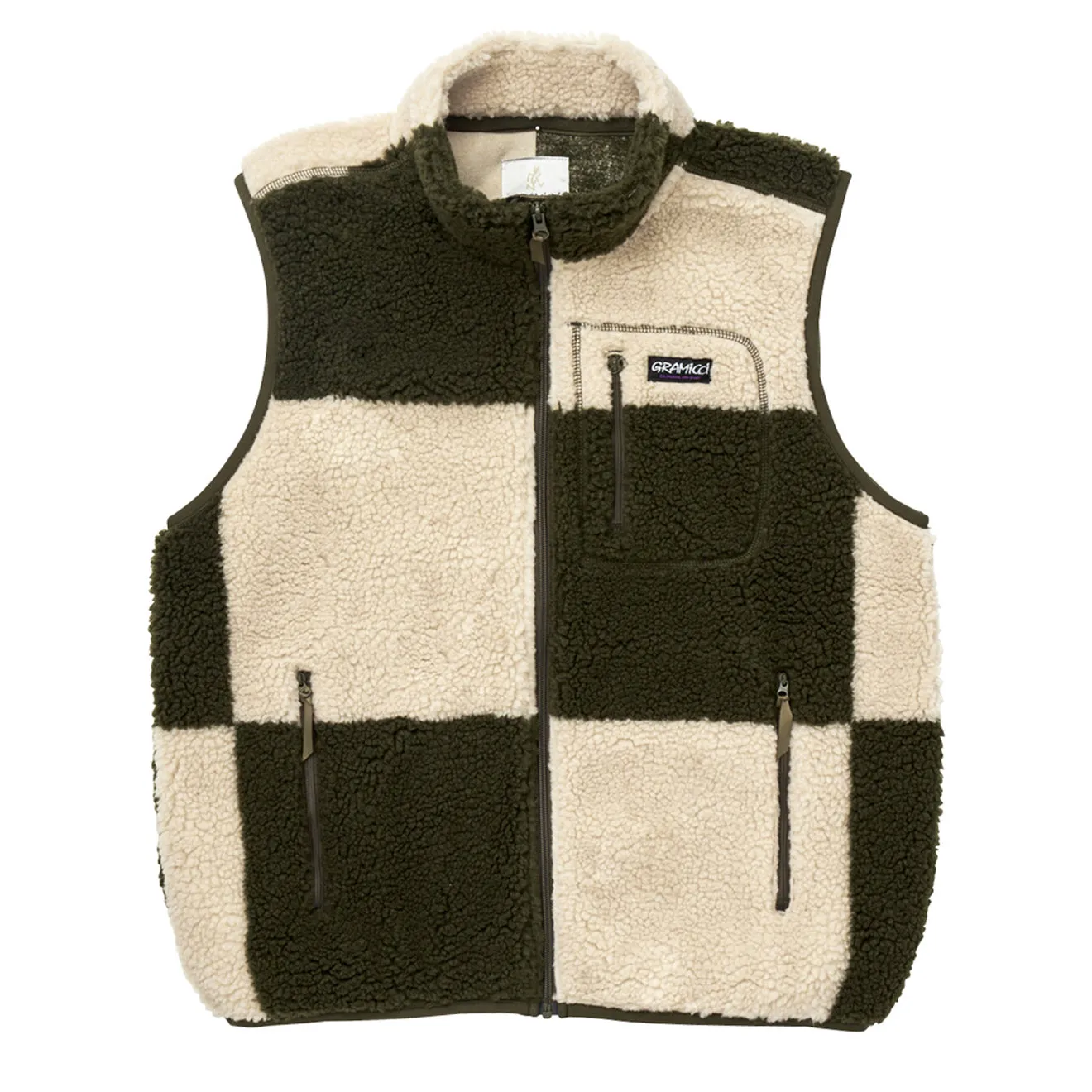 Gramicci Womens Checkered Sherpa Vest Natural / Olive Check
