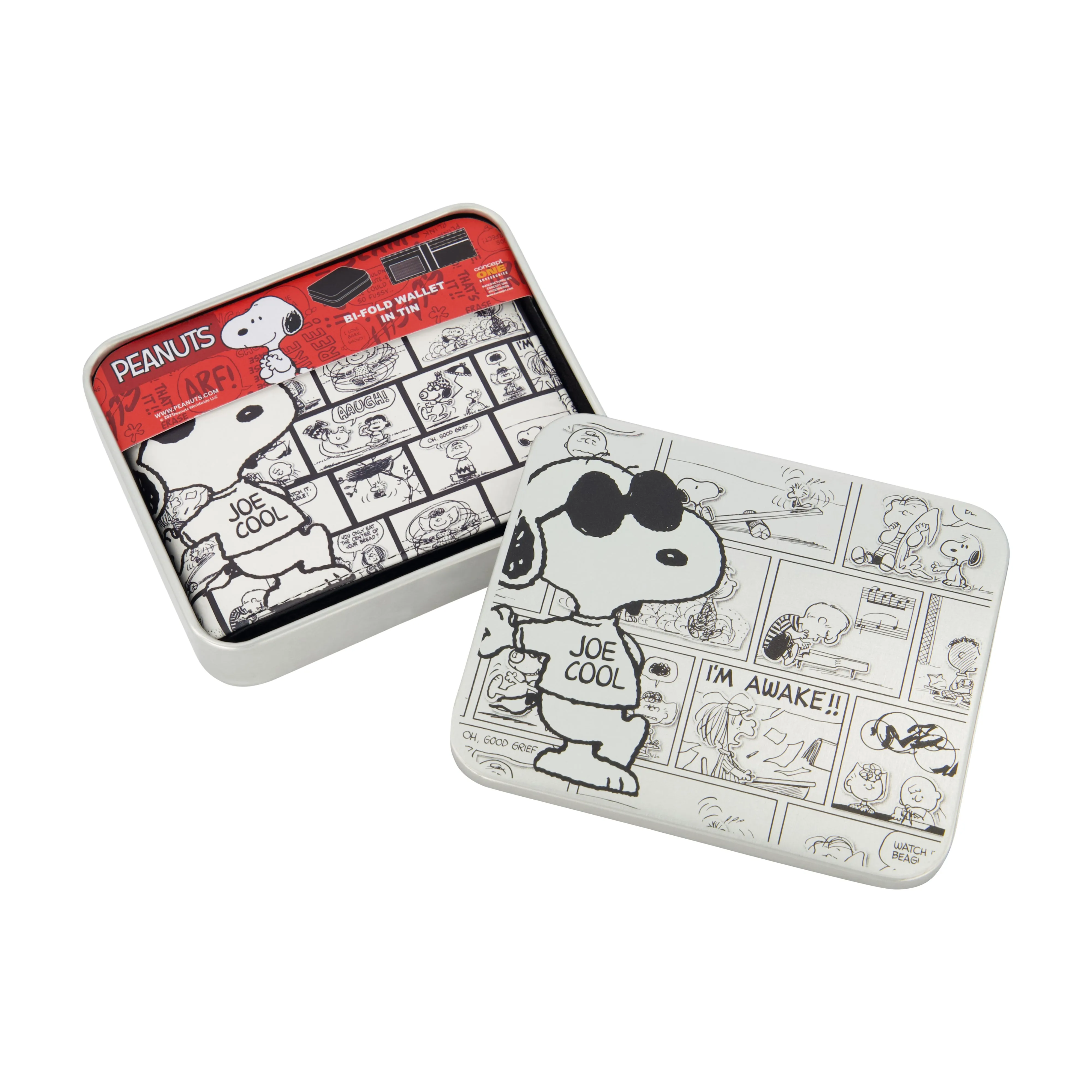PEANUTS JOE COOL COMIC AOP Bifold Wallet, Slim Wallet with Decorative Tin for Men and Women